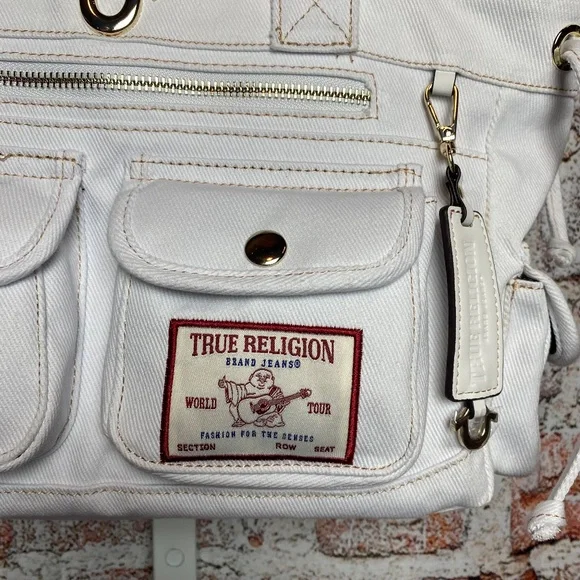 NWT True Religion White Multi Pocket Denim Shoulder Bag - Picture 3 of 13